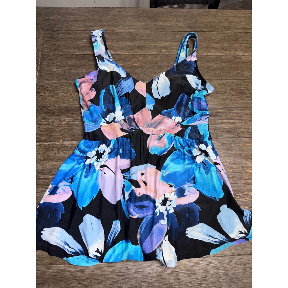 Maxine of Hollywood Floral Swimdress One Piece Swimsuit Blue Black 18W